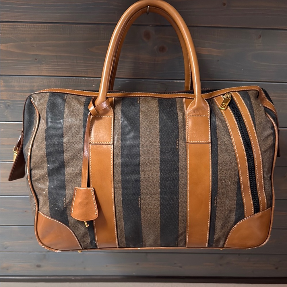 Authentic Fendi Pecan Brown and Black Vintage Travel Tote Bag